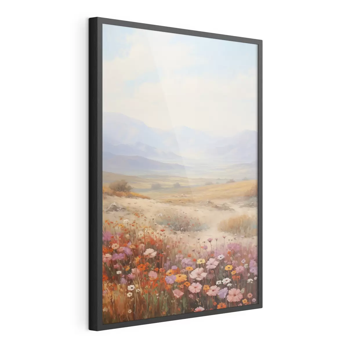 Poster Paesaggio, un campo di fiori colorati con le montagne sullo sfondo, colori tenui e pastello f46685