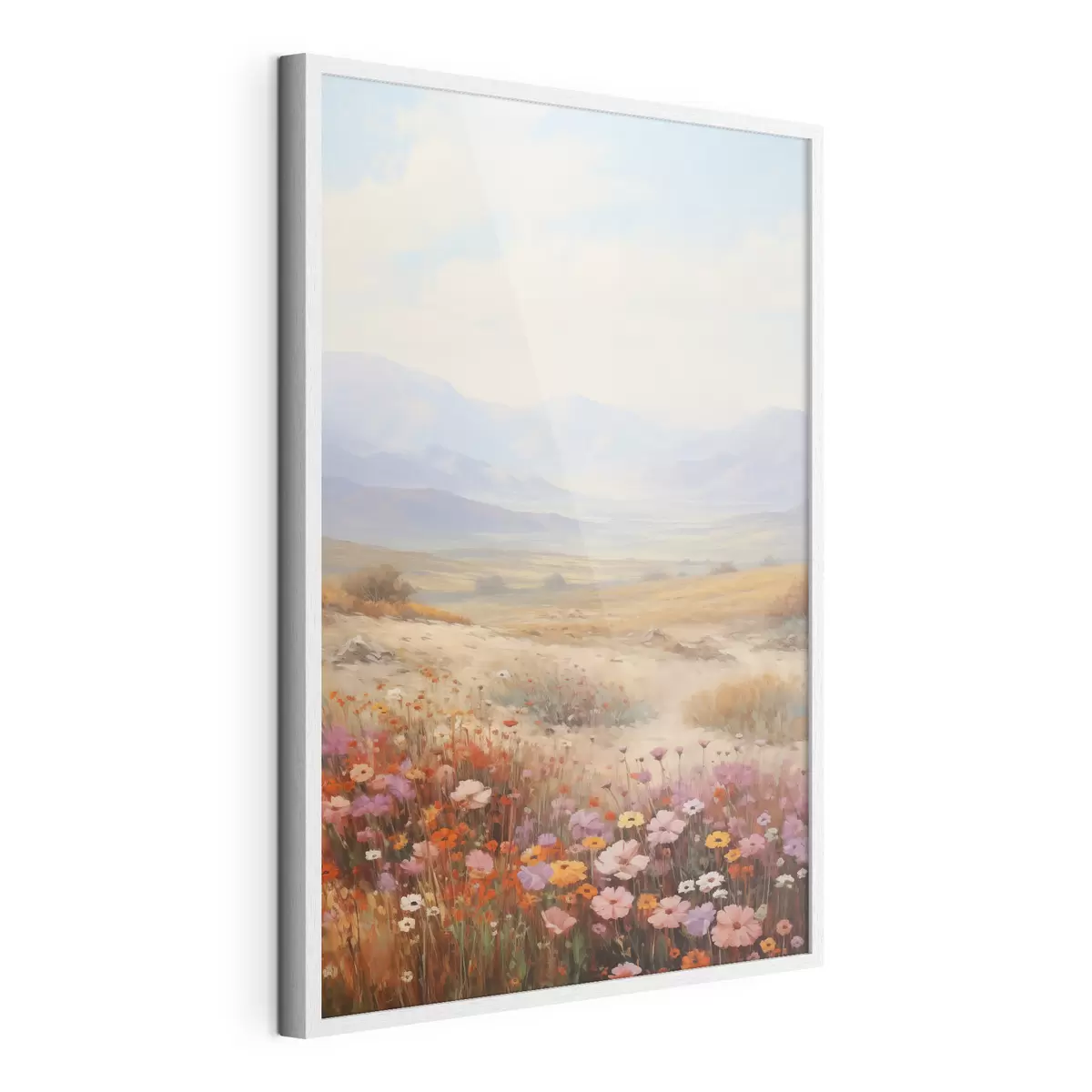 Poster Paesaggio, un campo di fiori colorati con le montagne sullo sfondo, colori tenui e pastello f46685