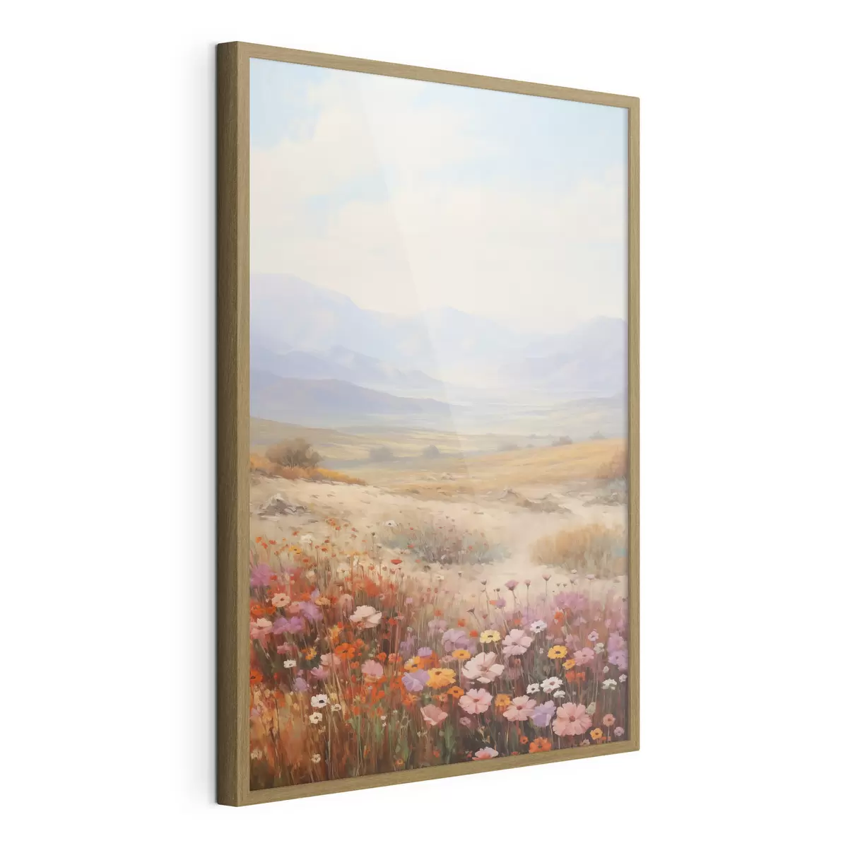 Poster Paesaggio, un campo di fiori colorati con le montagne sullo sfondo, colori tenui e pastello f46685