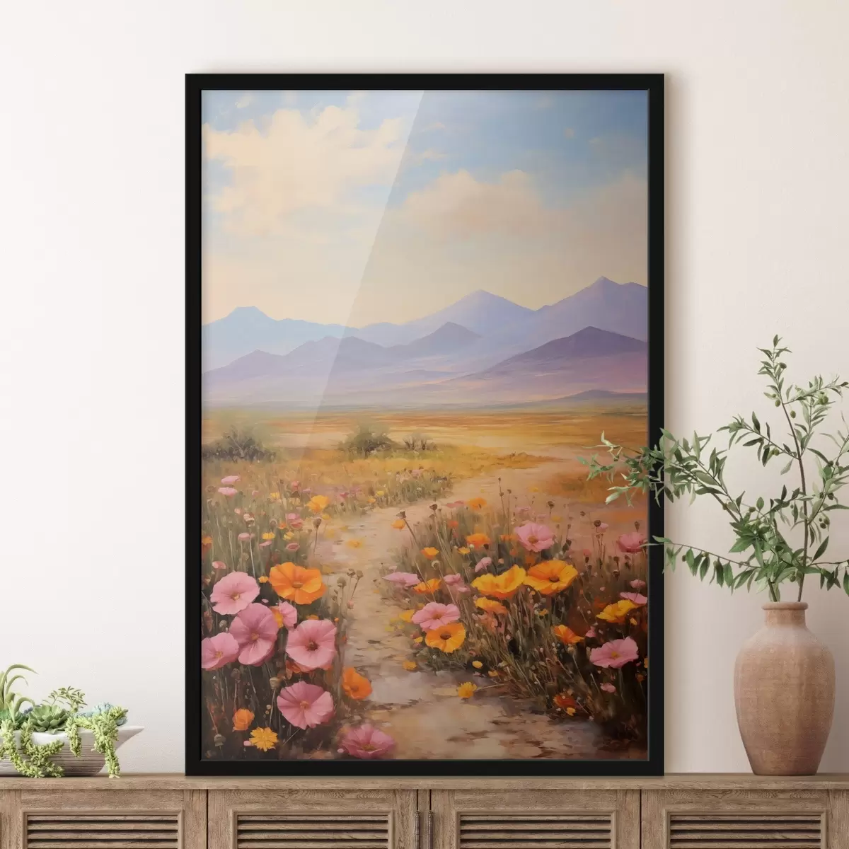 Poster Paesaggio, un campo di fiori colorati con le montagne sullo sfondo, colori tenui e pastello f46686
