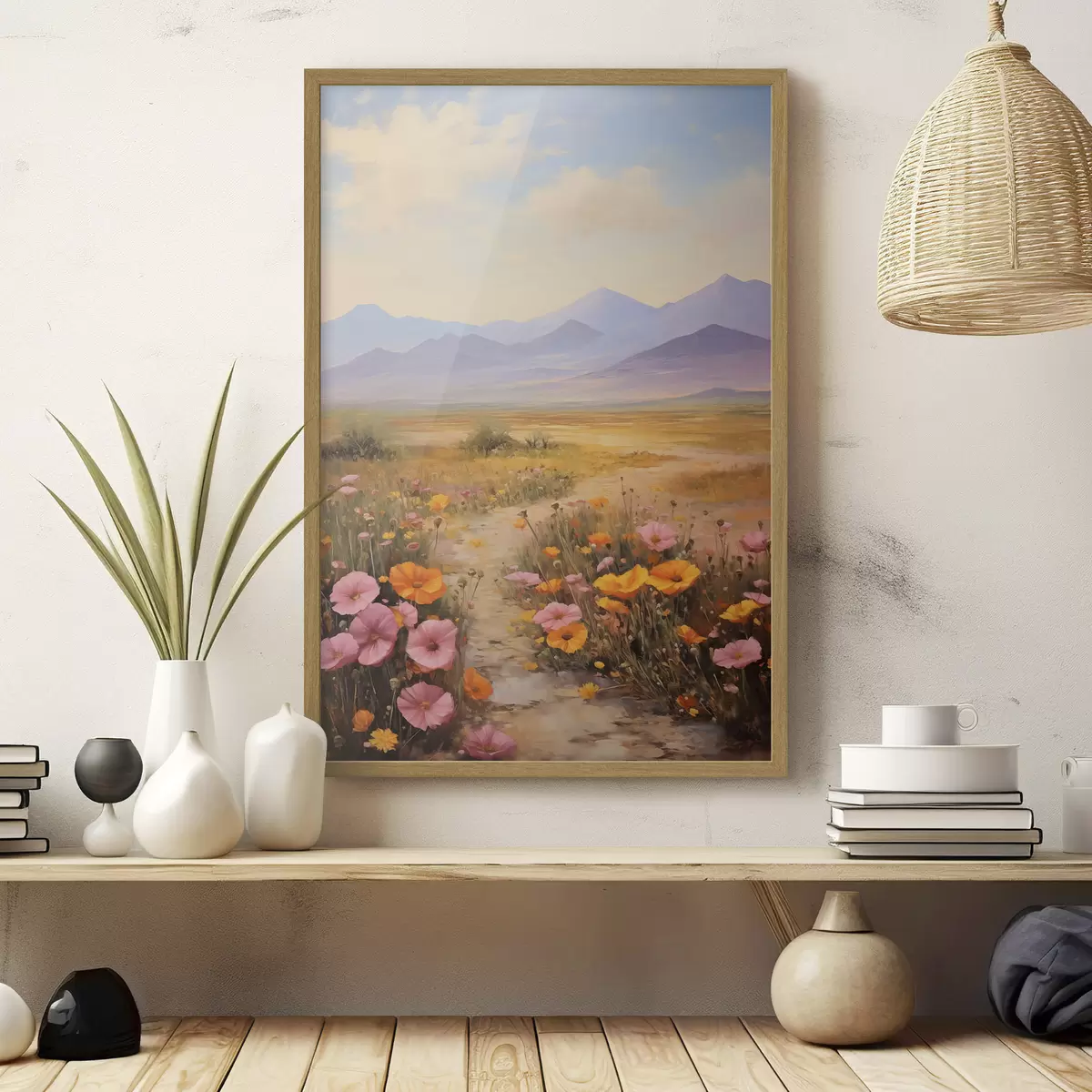Poster Paesaggio, un campo di fiori colorati con le montagne sullo sfondo, colori tenui e pastello f46686