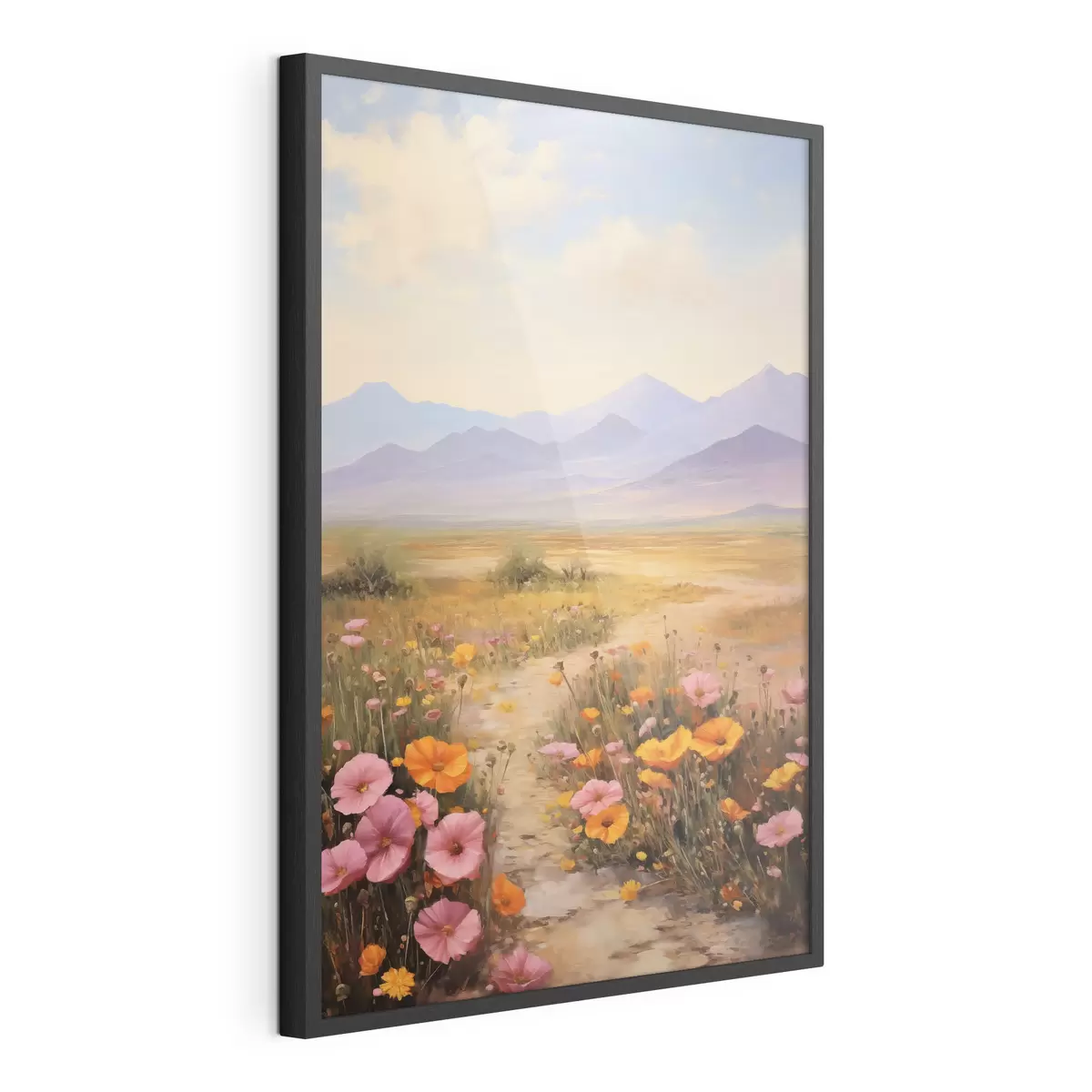Poster Paesaggio, un campo di fiori colorati con le montagne sullo sfondo, colori tenui e pastello f46686