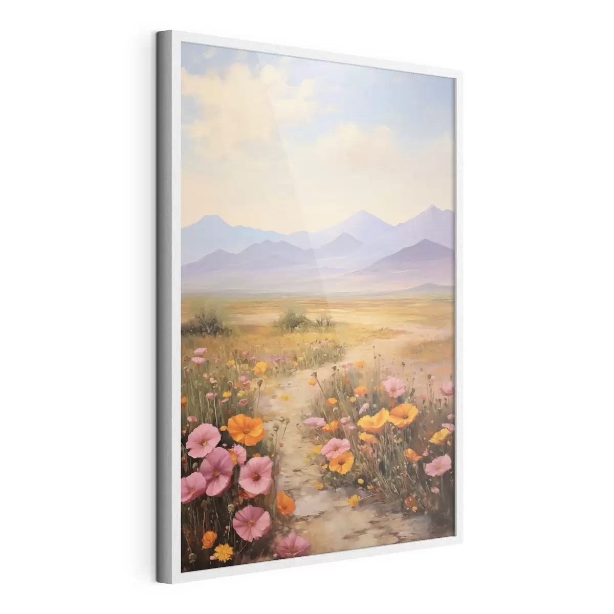 Poster Paesaggio, un campo di fiori colorati con le montagne sullo sfondo, colori tenui e pastello f46686
