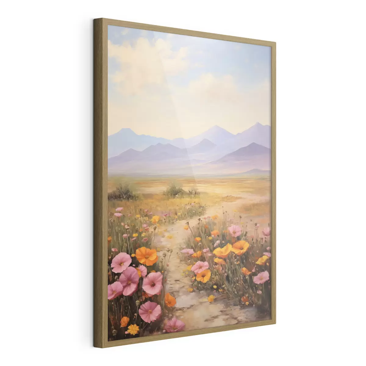 Poster Paesaggio, un campo di fiori colorati con le montagne sullo sfondo, colori tenui e pastello f46686