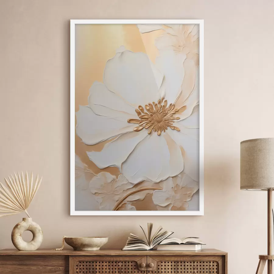 carta da parati Fiore bianco con petali delicati e pennellate spesse imitazione, su sfondo arancione chiaro testurizzato nr. f46691