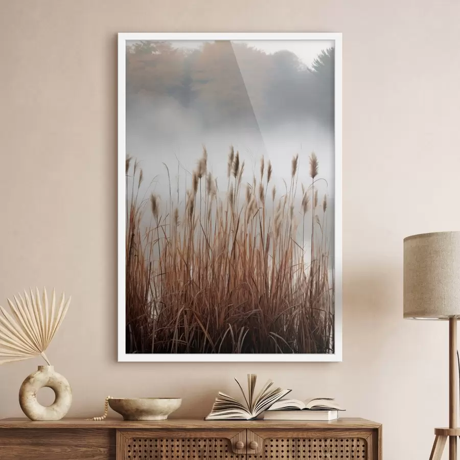 carta da parati Alte canne che crescono in uno specchio d'acqua, l'acqua riflette le canne, sfondo nebbioso, luce soffusa, scena naturale nr. f46696
