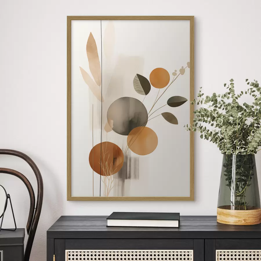 carta da parati Imitazione di pittura astratta con cerchi arancioni e grigi, foglie e rami, stile moderno, effetto acquerello nr. f46697
