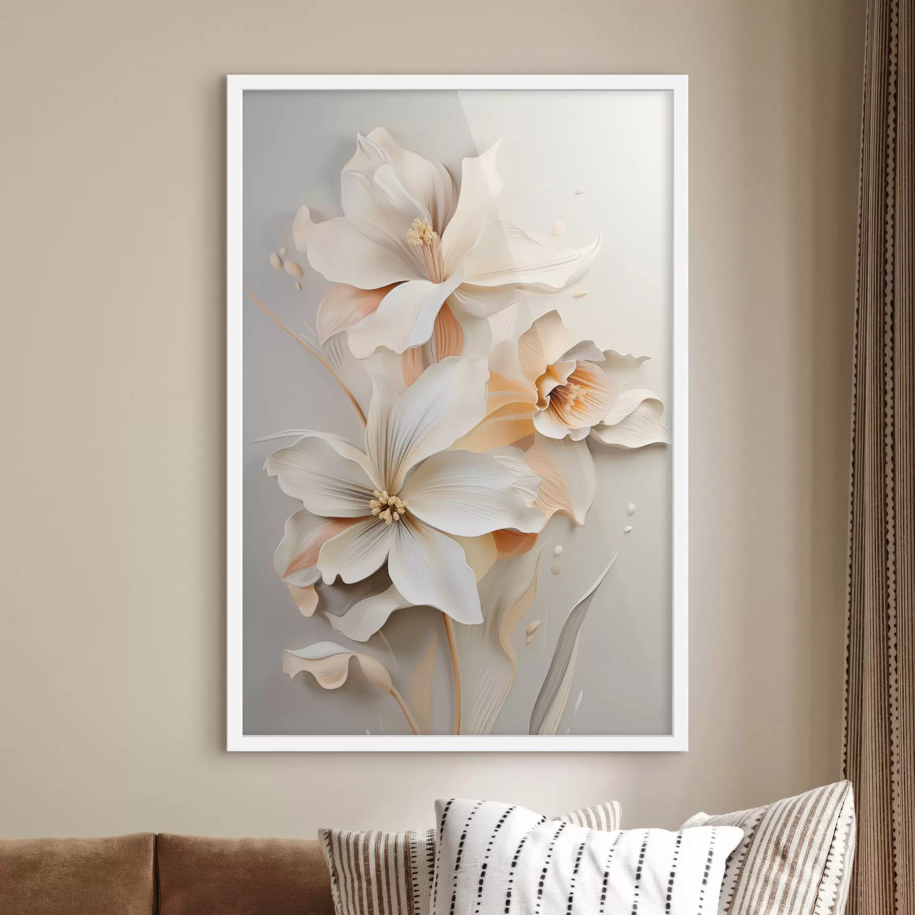 carta da parati Fiori bianchi, petali con ombre delicate, sfondo beige chiaro, composizione elegante, stile minimalista nr. f46699