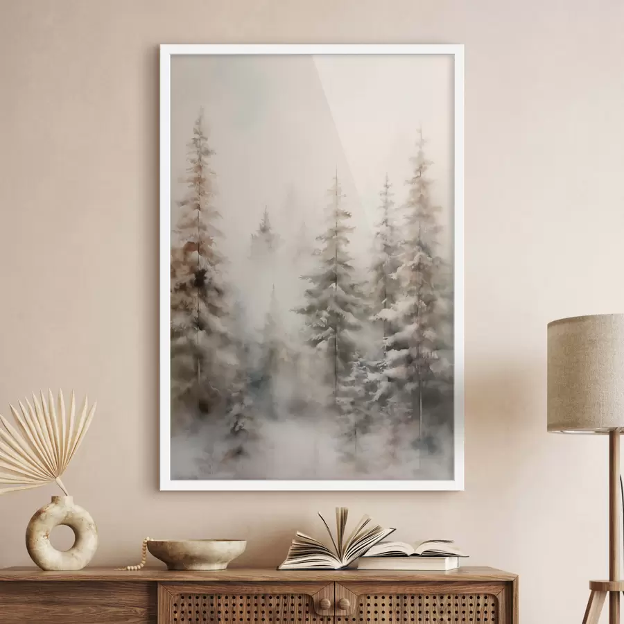 carta da parati Alti pini ricoperti di neve, immersi in una foresta avvolta dalla nebbia, una scena invernale morbida e ovattata. nr. f46701