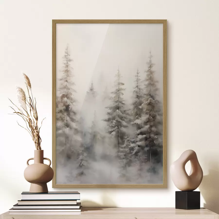 carta da parati Alti pini ricoperti di neve, immersi in una foresta avvolta dalla nebbia, una scena invernale morbida e ovattata nr. f46701