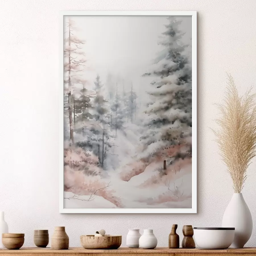 carta da parati Alti pini ricoperti di neve, immersi in una foresta avvolta dalla nebbia, una scena invernale morbida e ovattata. nr. f46702