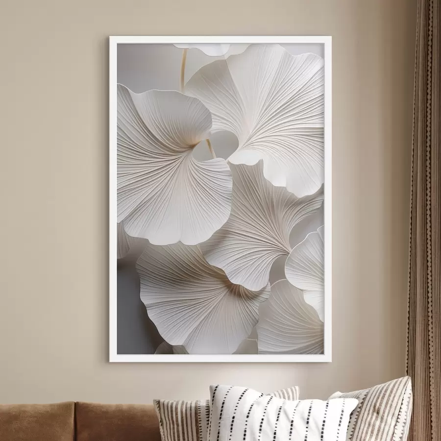 carta da parati Foglie bianche di ginkgo biloba con venature dettagliate, illuminazione soffusa, design elegante e minimalista con texture nr. f46705