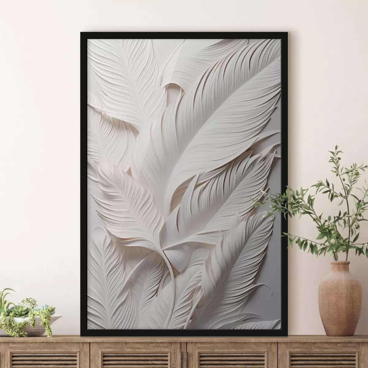 Poster Foglie bianche con dettagli intricati, che creano un effetto strutturato e stratificato, arte minimalista f46706