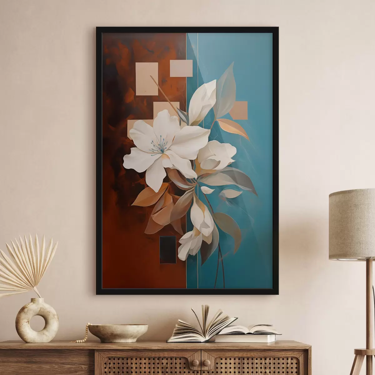 Poster Fiori e foglie bianchi astratti su sfondo marrone e blu con forme astratte, in stile minimalista f46709