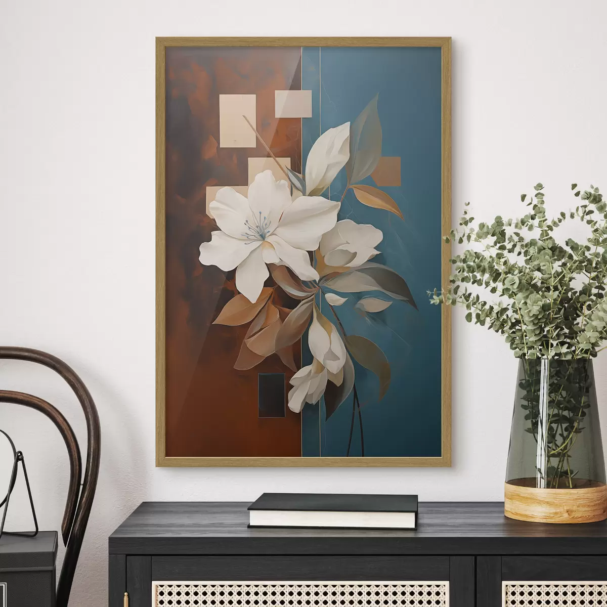 Poster Fiori e foglie bianchi astratti su sfondo marrone e blu con forme astratte, in stile minimalista f46709