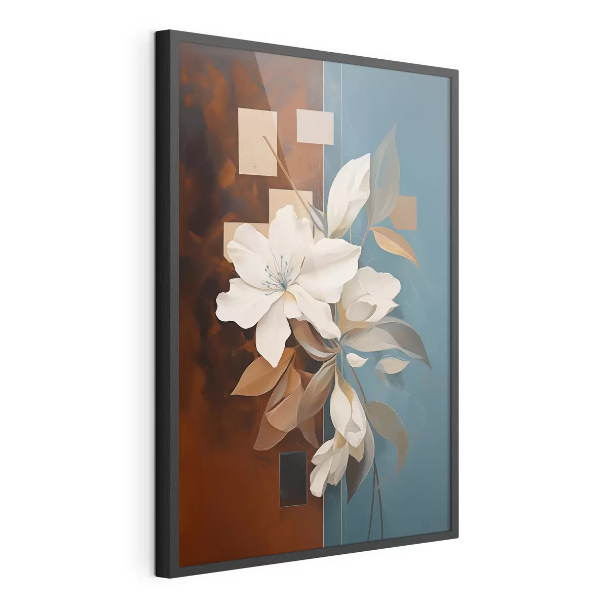 Poster Fiori e foglie bianchi astratti su sfondo marrone e blu con forme astratte, in stile minimalista f46709