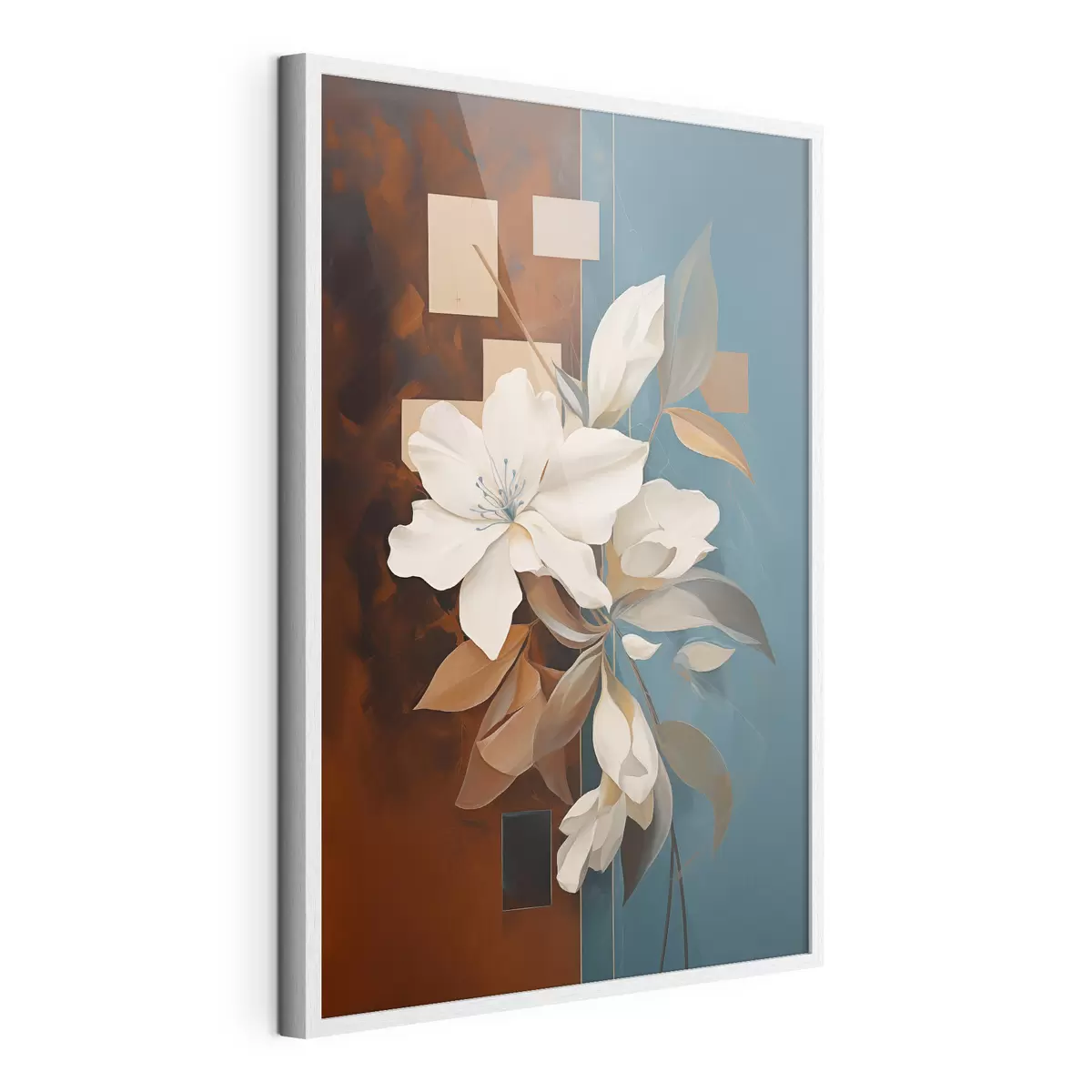 Poster Fiori e foglie bianchi astratti su sfondo marrone e blu con forme astratte, in stile minimalista f46709