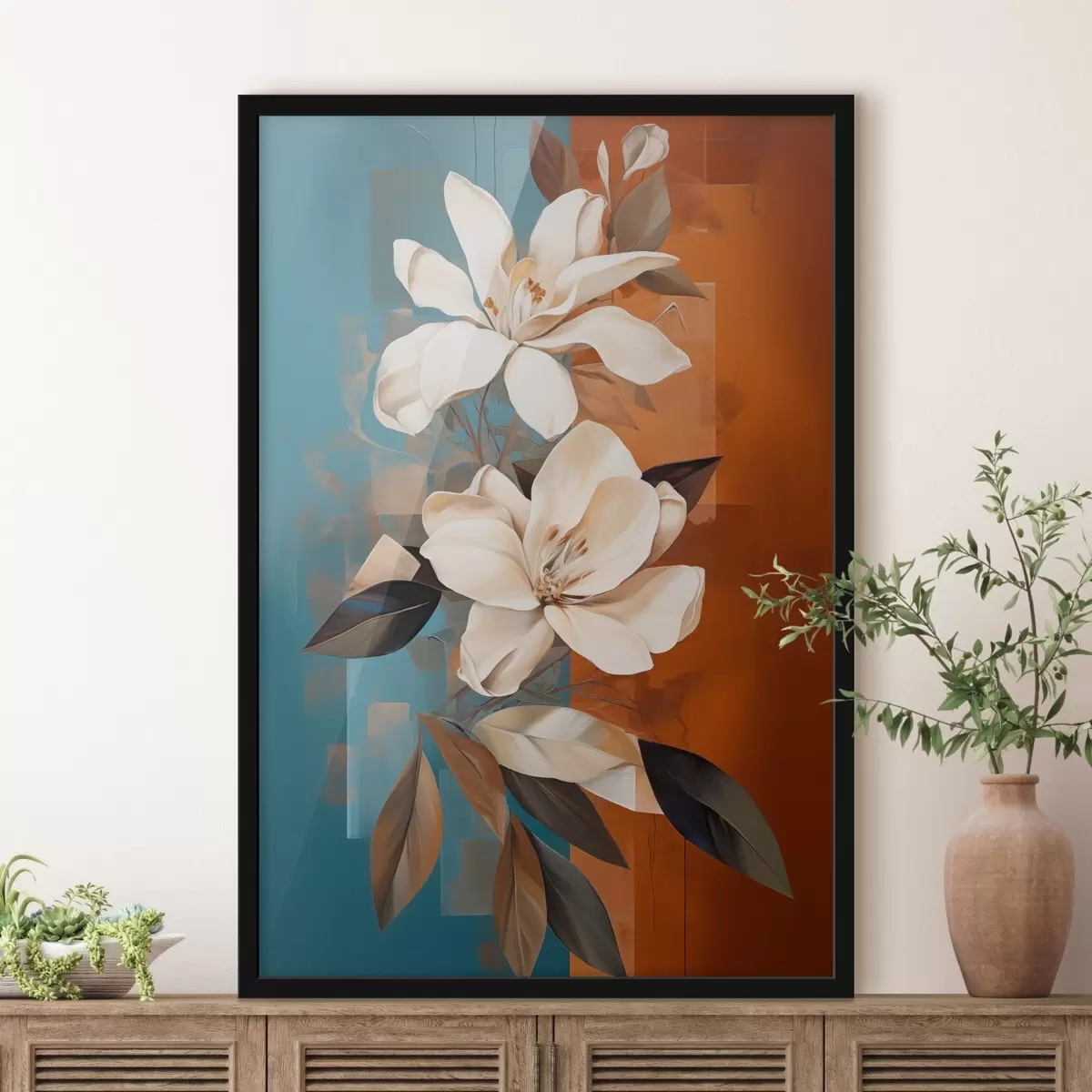Poster Fiori e foglie bianchi astratti su sfondo marrone e blu con forme astratte, in stile minimalista f46710
