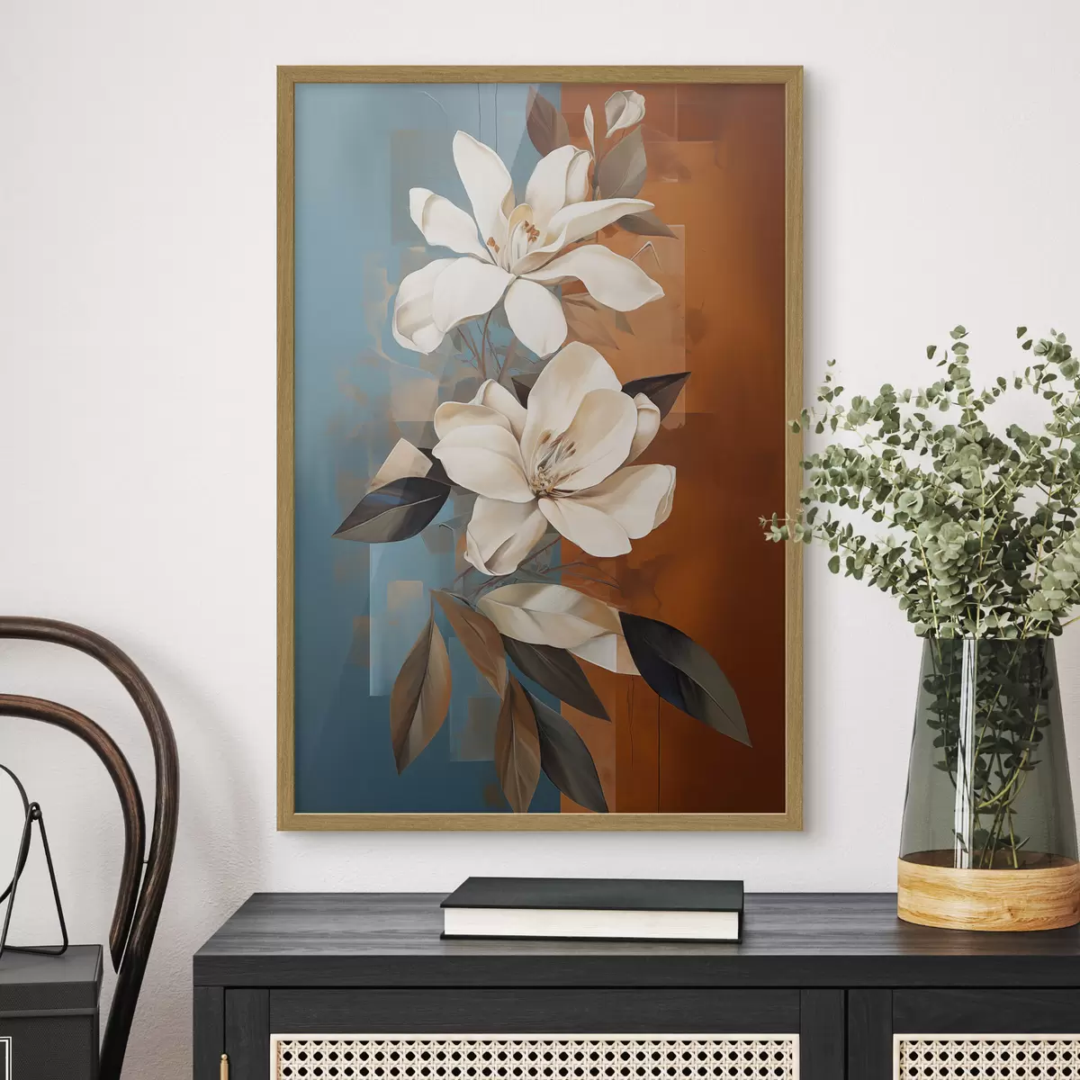 Poster Fiori e foglie bianchi astratti su sfondo marrone e blu con forme astratte, in stile minimalista f46710