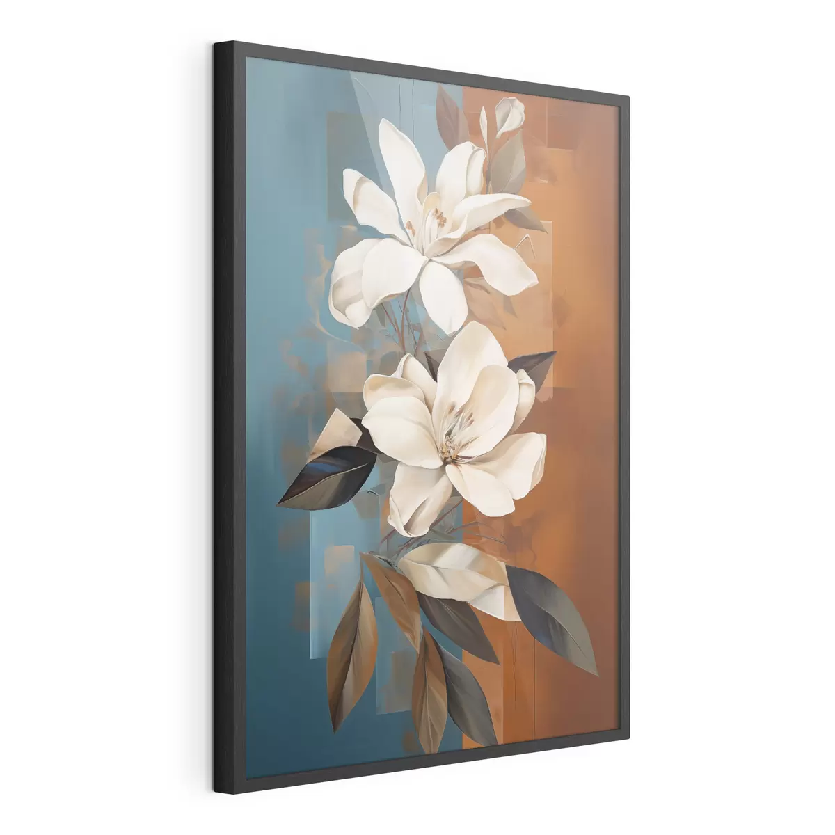 Poster Fiori e foglie bianchi astratti su sfondo marrone e blu con forme astratte, in stile minimalista f46710