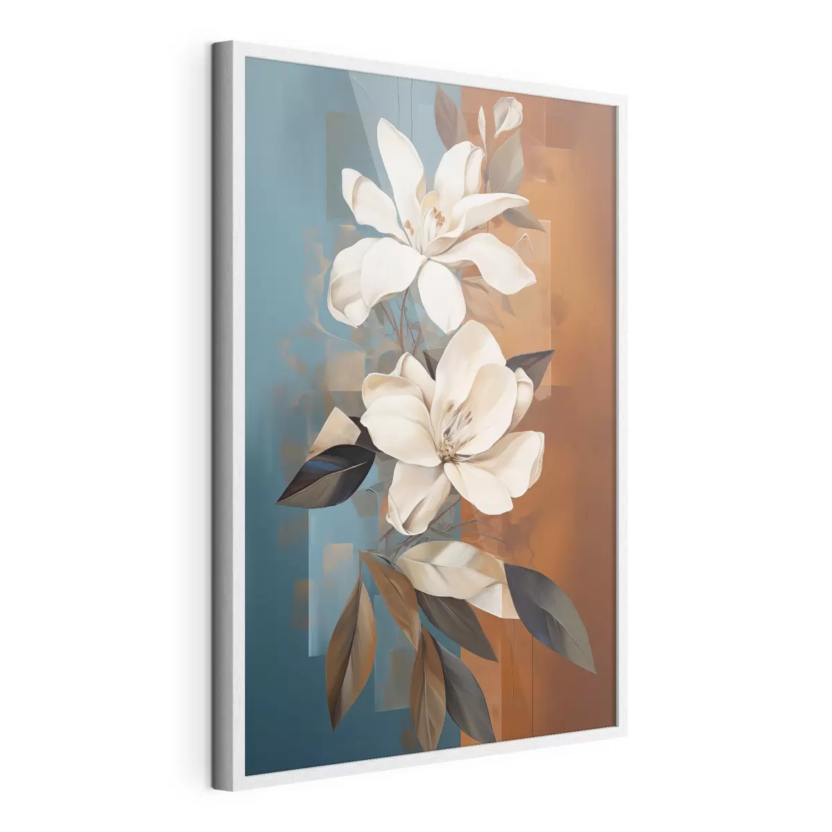 Poster Fiori e foglie bianchi astratti su sfondo marrone e blu con forme astratte, in stile minimalista f46710