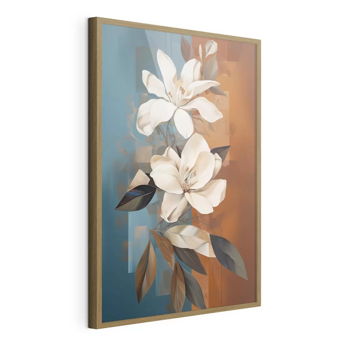 Poster Fiori e foglie bianchi astratti su sfondo marrone e blu con forme astratte, in stile minimalista f46710