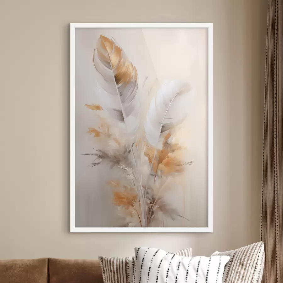 carta da parati Piume astratte, circondate da pennacchi beige e marroni, morbide e delicate, su uno sfondo beige chiaro. nr. f46711