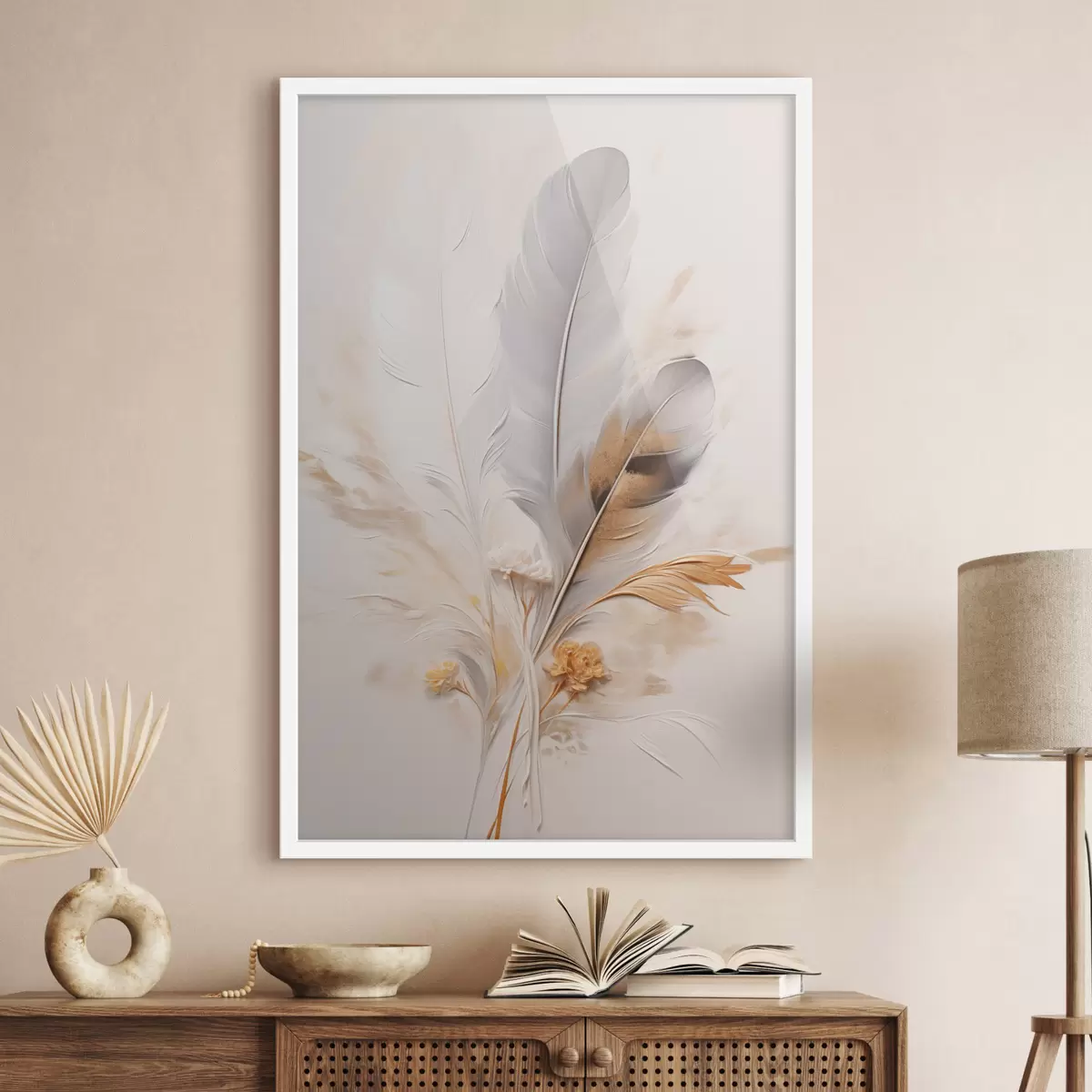 Poster Piume astratte, circondate da pennacchi beige e marroni, morbide e delicate, su uno sfondo beige chiaro. f46712