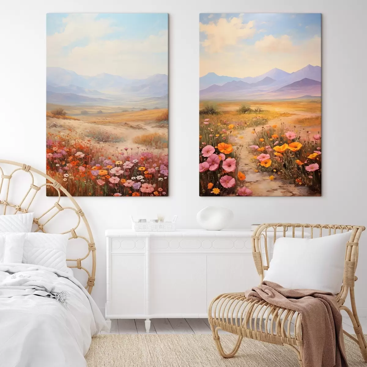 carta da parati Paesaggio, un campo di fiori colorati con le montagne sullo sfondo, colori tenui e pastello nr. m01003