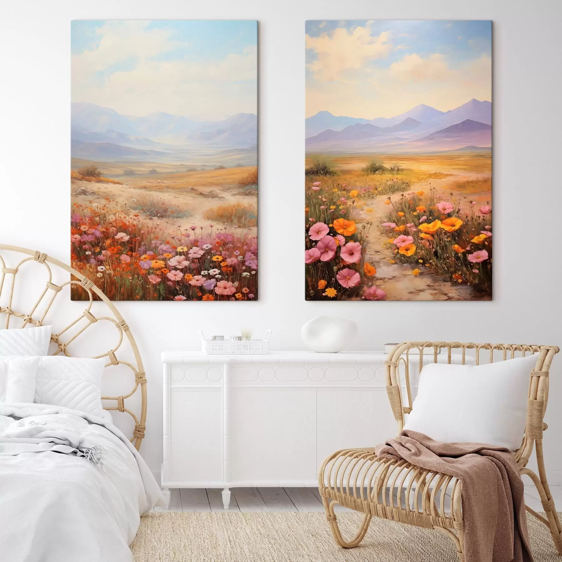 carta da parati Paesaggio, un campo di fiori colorati con le montagne sullo sfondo, colori tenui e pastello nr. m01003