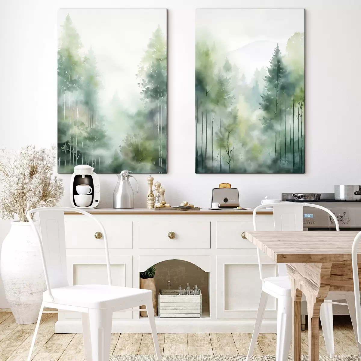 carta da parati Imitazione di un dipinto ad acquerello raffigurante una foresta astratta con alberi ad alto fusto e fogliame verde, colori tenui e delicati. nr. m01005