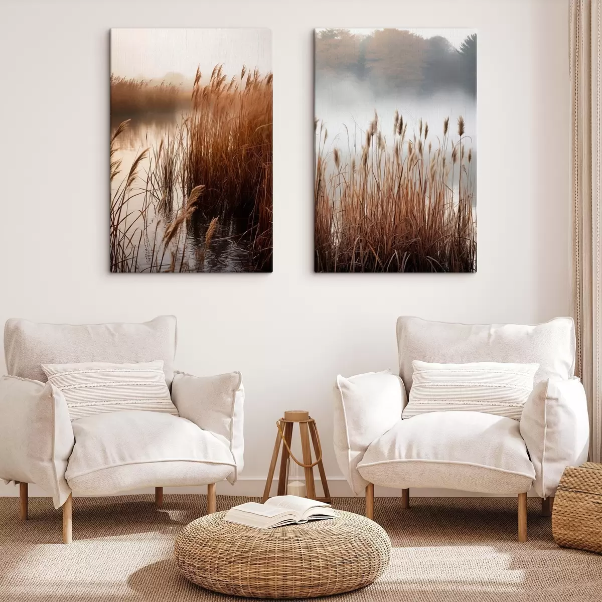 carta da parati Alte canne che crescono in uno specchio d'acqua, l'acqua riflette le canne, sfondo nebbioso, luce soffusa, scena naturale nr. m01008