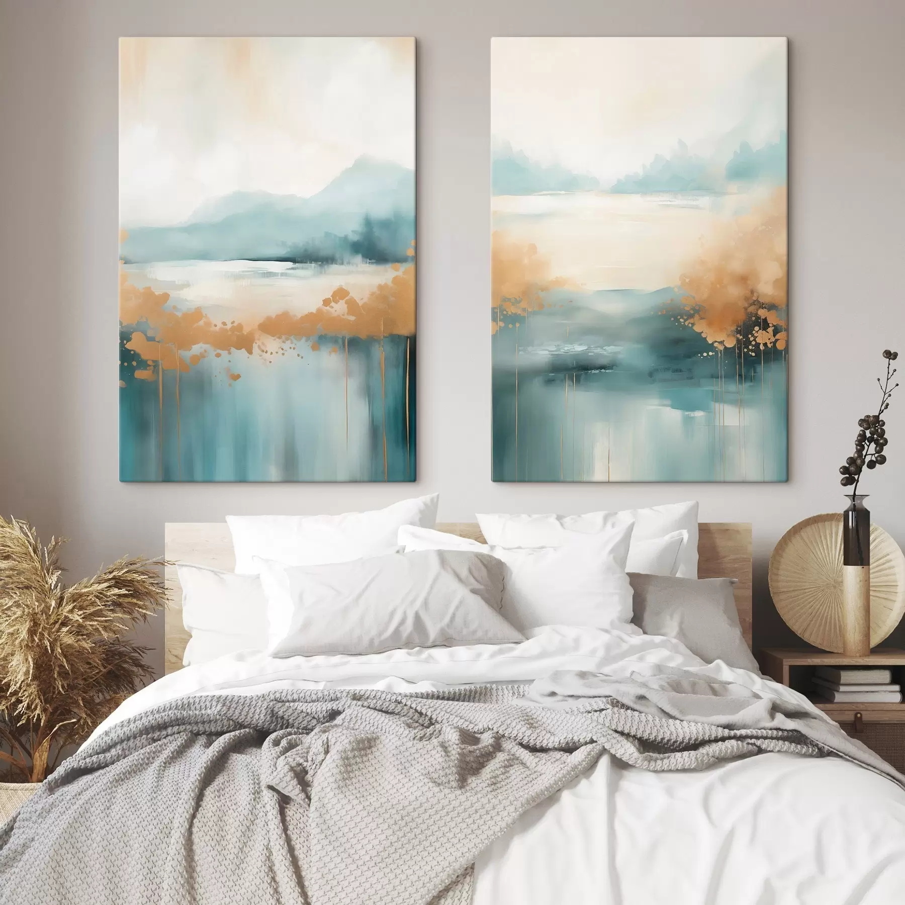 carta da parati Paesaggio astratto con montagne e lago in verde acqua e giallo materico, pennellate morbide, opera d'arte minimalista nr. m01012