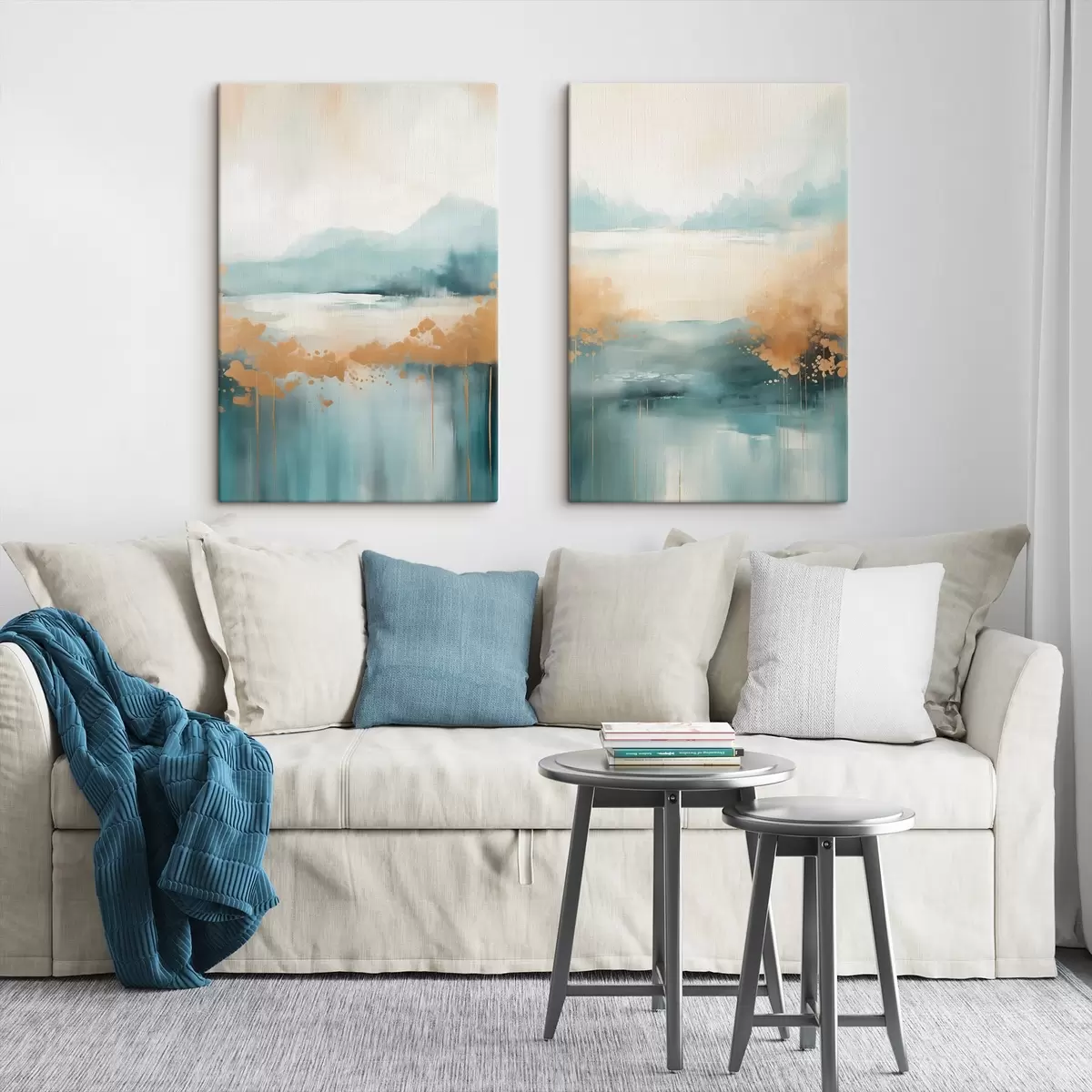 carta da parati Paesaggio astratto con montagne e lago in verde acqua e giallo materico, pennellate morbide, opera d'arte minimalista nr. m01012