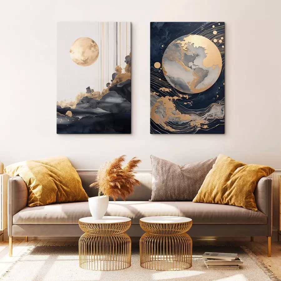 carta da parati Pianeta decorativo strutturato nello spazio con linee e punti gialli, stile astratto, minimalista e moderno nr. m01014