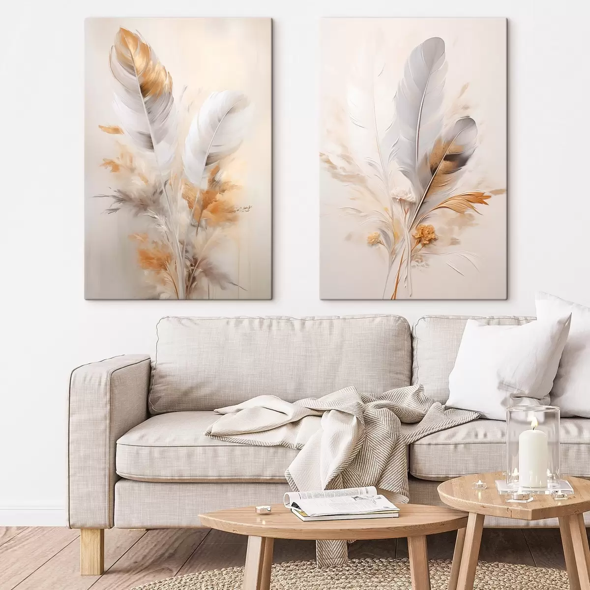 carta da parati Piume astratte, circondate da pennacchi beige e marroni, morbide e delicate, su uno sfondo beige chiaro. nr. m01016