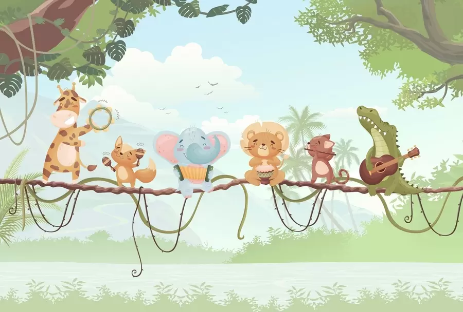 Carta da parati per Bambini Animali con strumenti musicali su uno sfondo tropicale 