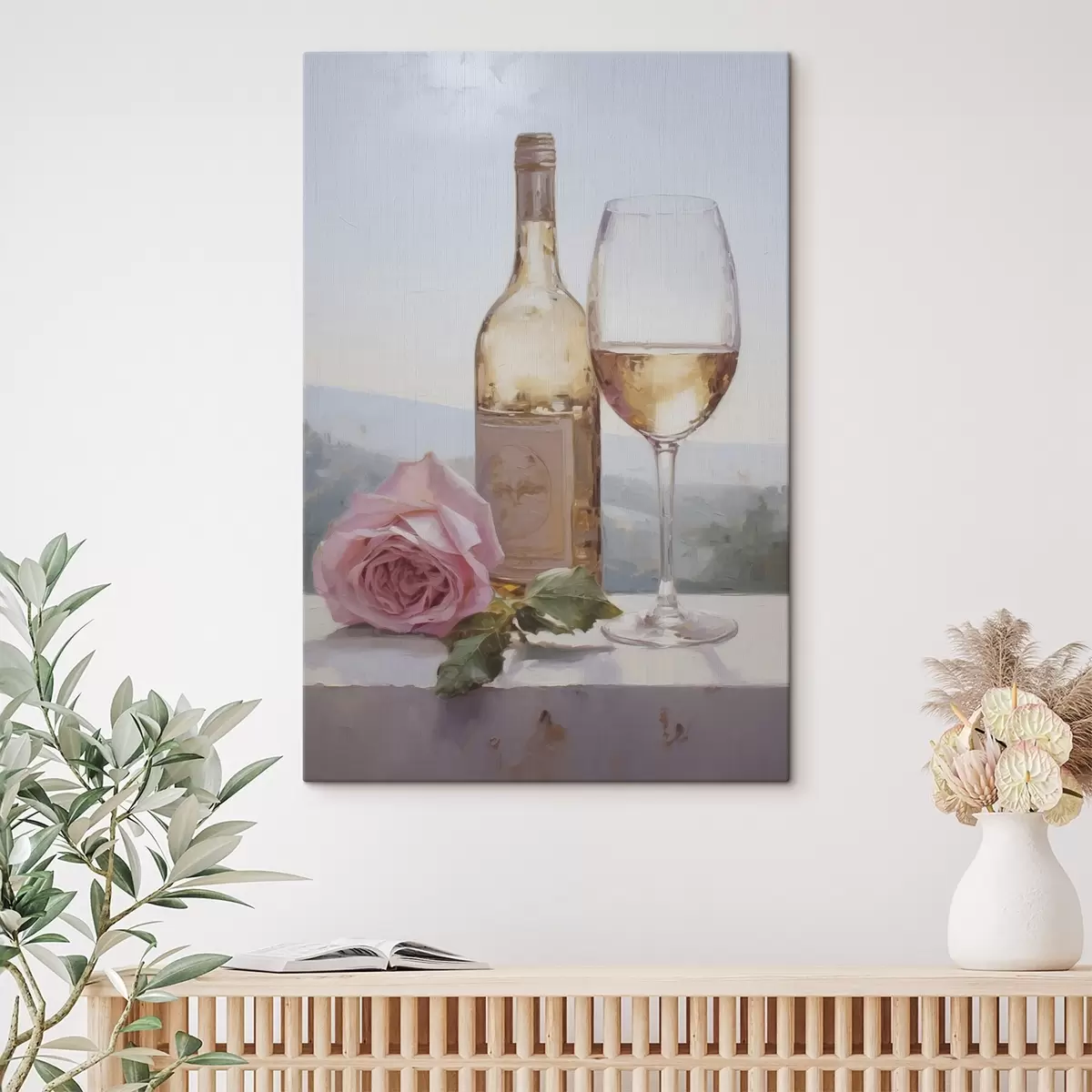 carta da parati Una bottiglia e un bicchiere di vino e un cagnolino con gli occhiali, dipinto imitazione nr. s46721