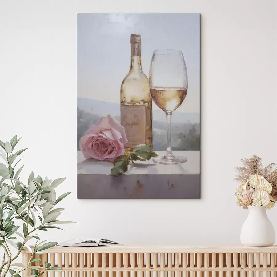 carta da parati Una bottiglia e un bicchiere di vino e un cagnolino con gli occhiali, dipinto imitazione nr. s46721