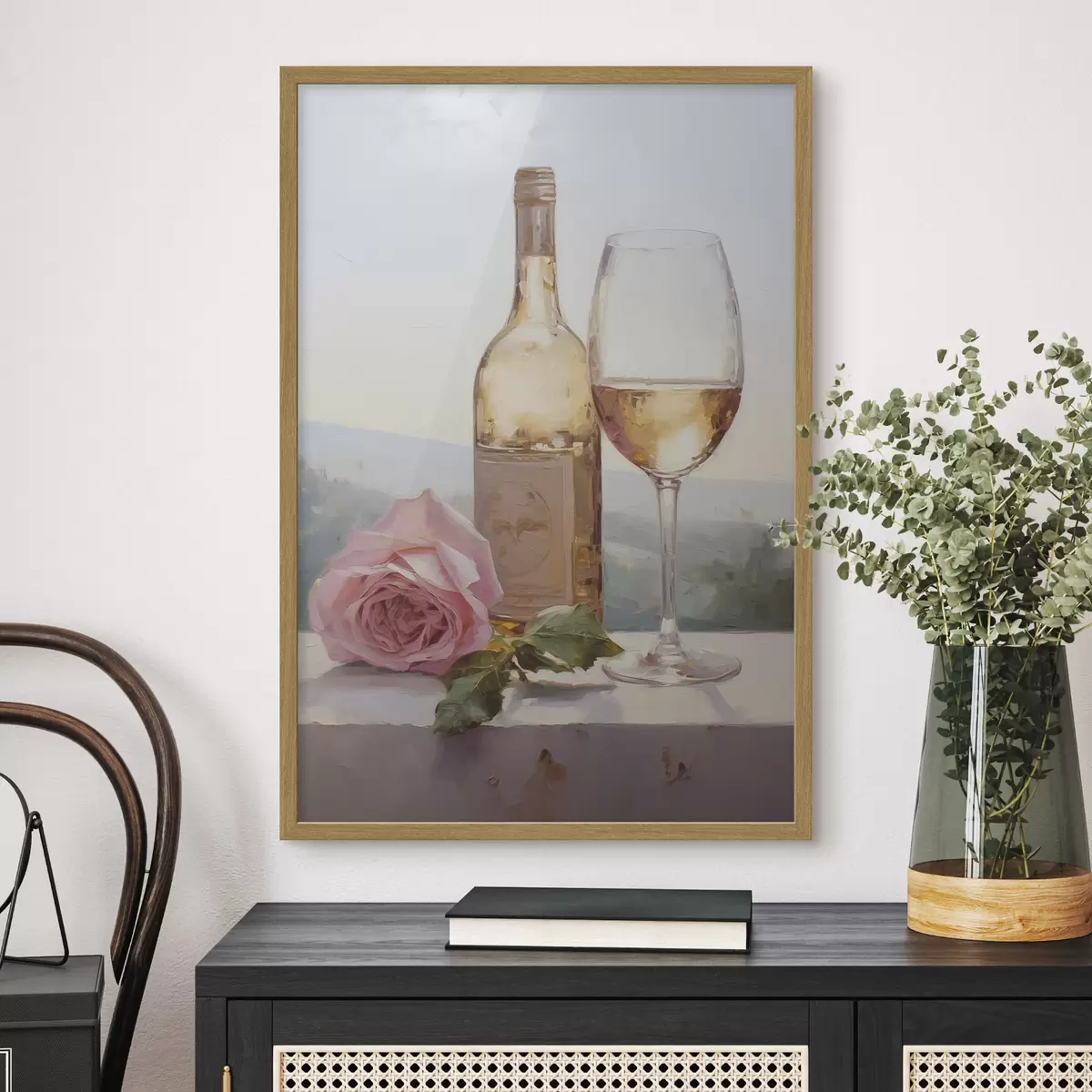 Poster Una bottiglia e un bicchiere di vino e un cagnolino con gli occhiali, dipinto imitazione f46721
