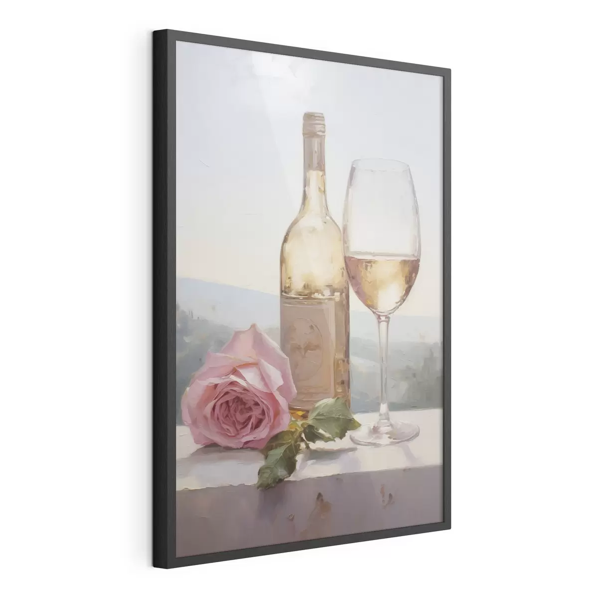 Poster Una bottiglia e un bicchiere di vino e un cagnolino con gli occhiali, dipinto imitazione f46721