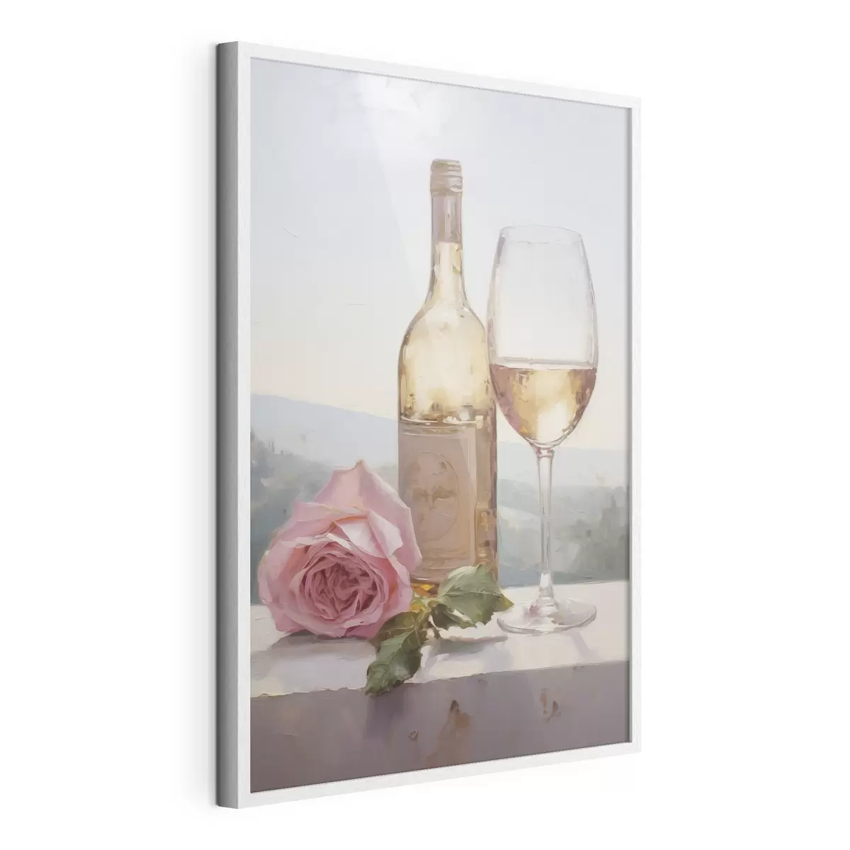 Poster Una bottiglia e un bicchiere di vino e un cagnolino con gli occhiali, dipinto imitazione f46721