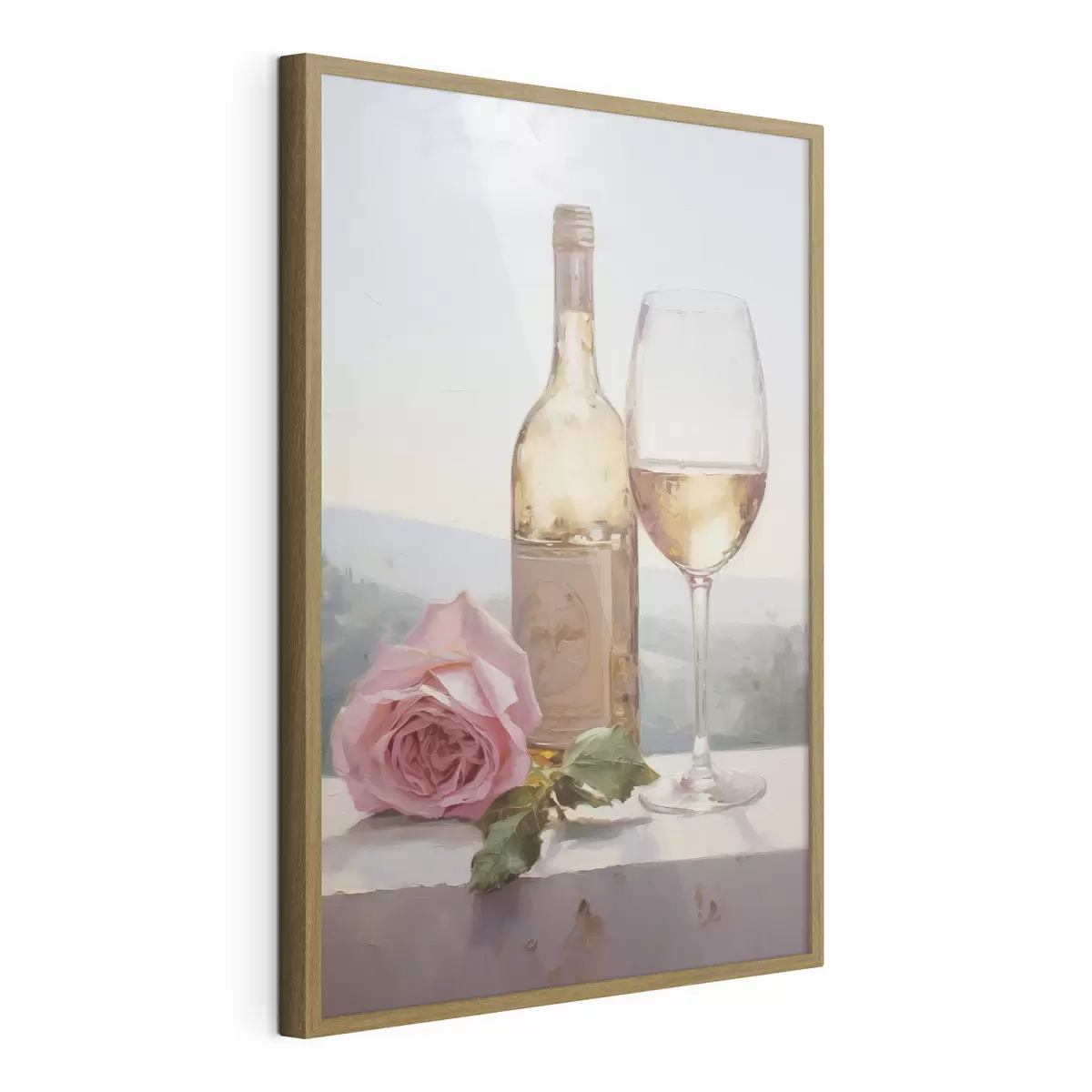 Poster Una bottiglia e un bicchiere di vino e un cagnolino con gli occhiali, dipinto imitazione f46721