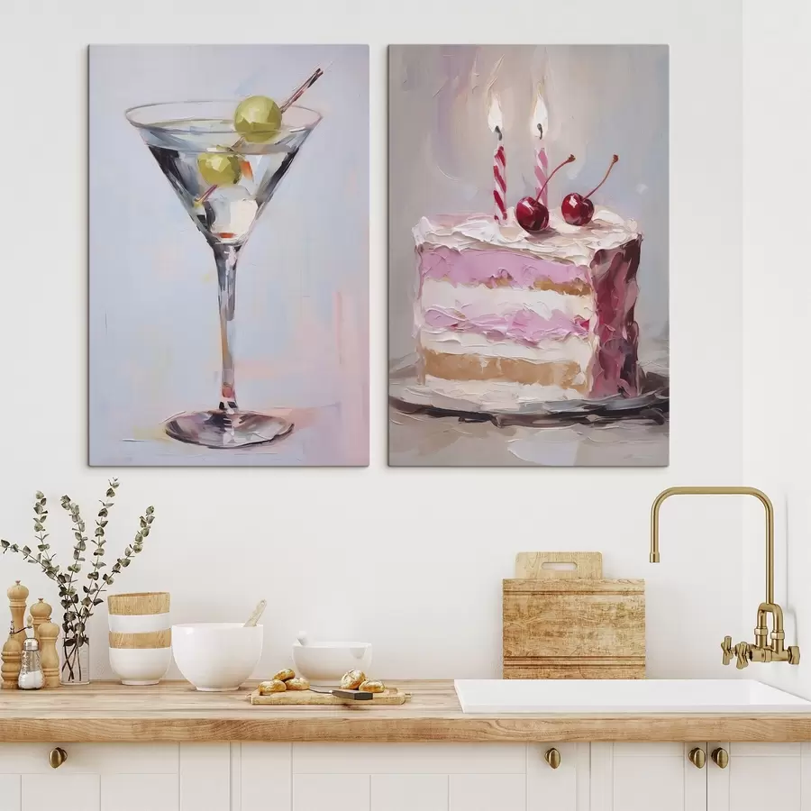 carta da parati Un bicchiere con una bevanda e un pezzo di torta dipinto in modo realistico nr. m01019