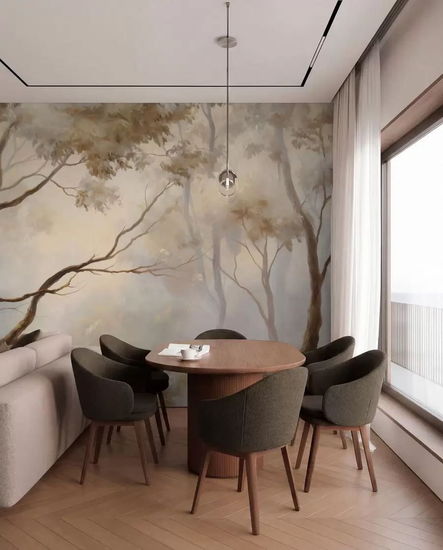 Carta da parati nature La foresta nella leggera nebbia mattutina. Un delicato dipinto atmosferico nello stile di un paesaggio artistico 