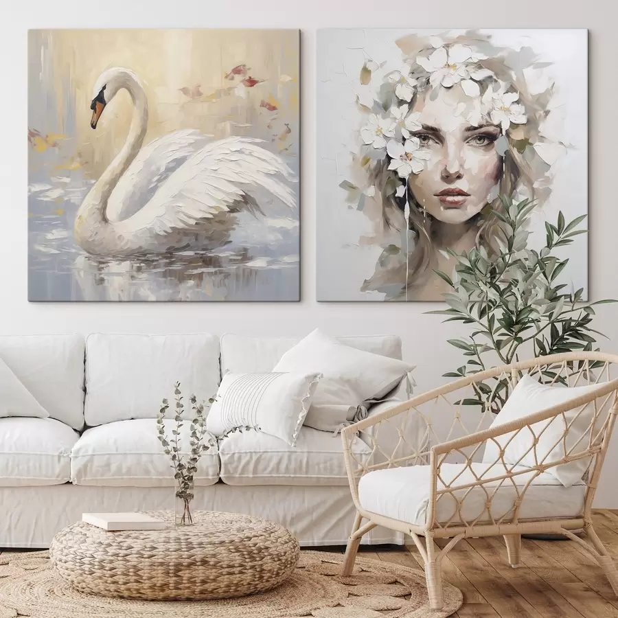 carta da parati Cigno e ritratto di ragazza, imitazione di un dipinto nr. m01030