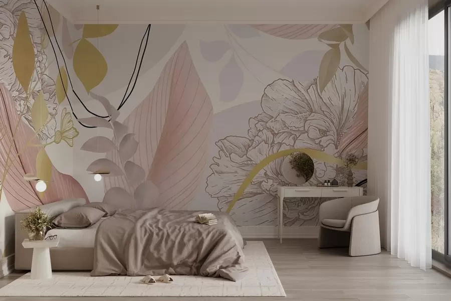 carta da parati Stampa floreale astratta con grandi foglie nei toni del rosa tenue, giallo con sottili linee nere e contorni floreali bianchi nr. w09544v1
