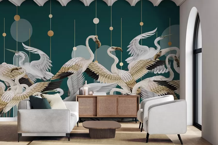 Carta da parati nature Uno stormo di fenicotteri bianchi dalle ali delicate, su uno sfondo verde acqua scuro con linee e cerchi gialli. 