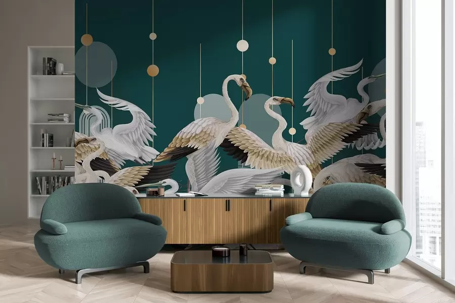 Carta da parati nature Uno stormo di fenicotteri bianchi dalle ali delicate, su uno sfondo verde acqua scuro con linee e cerchi gialli. 