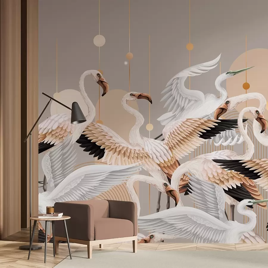 Carta da parati nature Uno stormo di fenicotteri bianchi dalle ali delicate, su uno sfondo neutro con linee e cerchi gialli. 